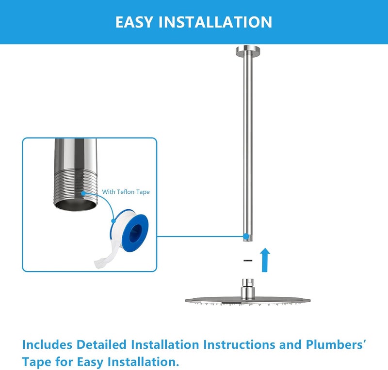Lordear Chrome Ceiling Mount Shower Arm and Flange, 12' Extension Arm for Rainfall Showerhead, Round Pipe - Image 4
